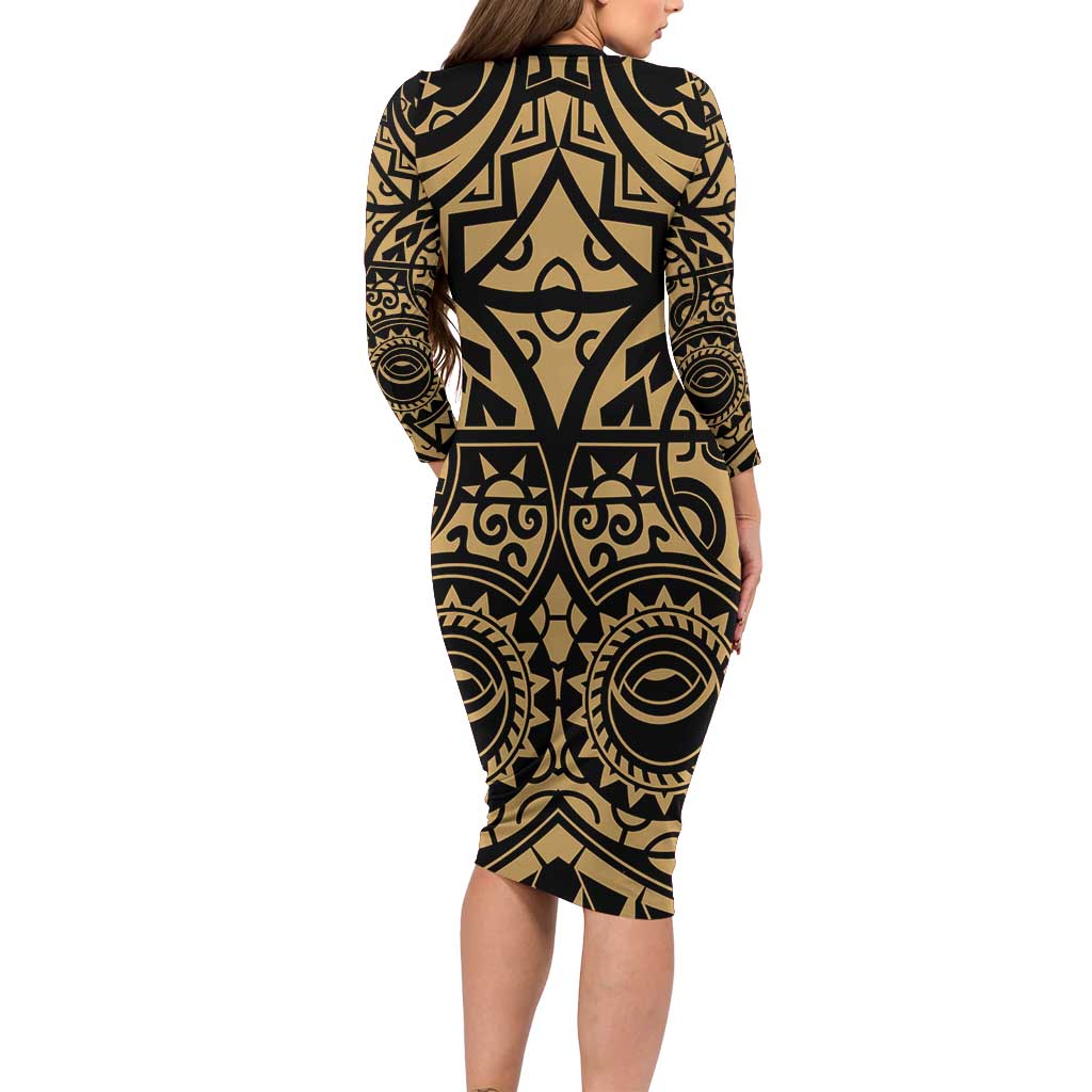 Austral Islands Long Sleeve Bodycon Dress Tuhaa Pae Penu Stars Necklace Gold - Polynesian Pride
