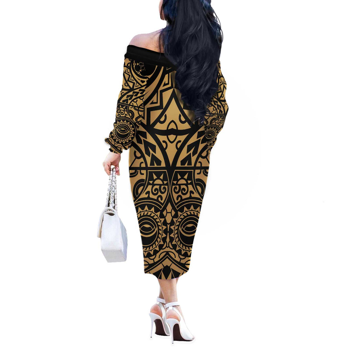 Austral Islands Off The Shoulder Long Sleeve Dress Tuhaa Pae Penu Stars Necklace Gold - Polynesian Pride