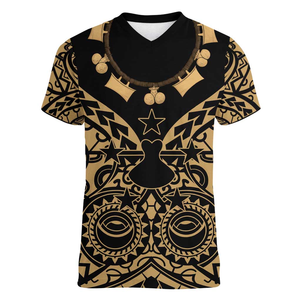 Austral Islands Women V-Neck T-Shirt Tuhaa Pae Penu Stars Necklace Gold - Polynesian Pride