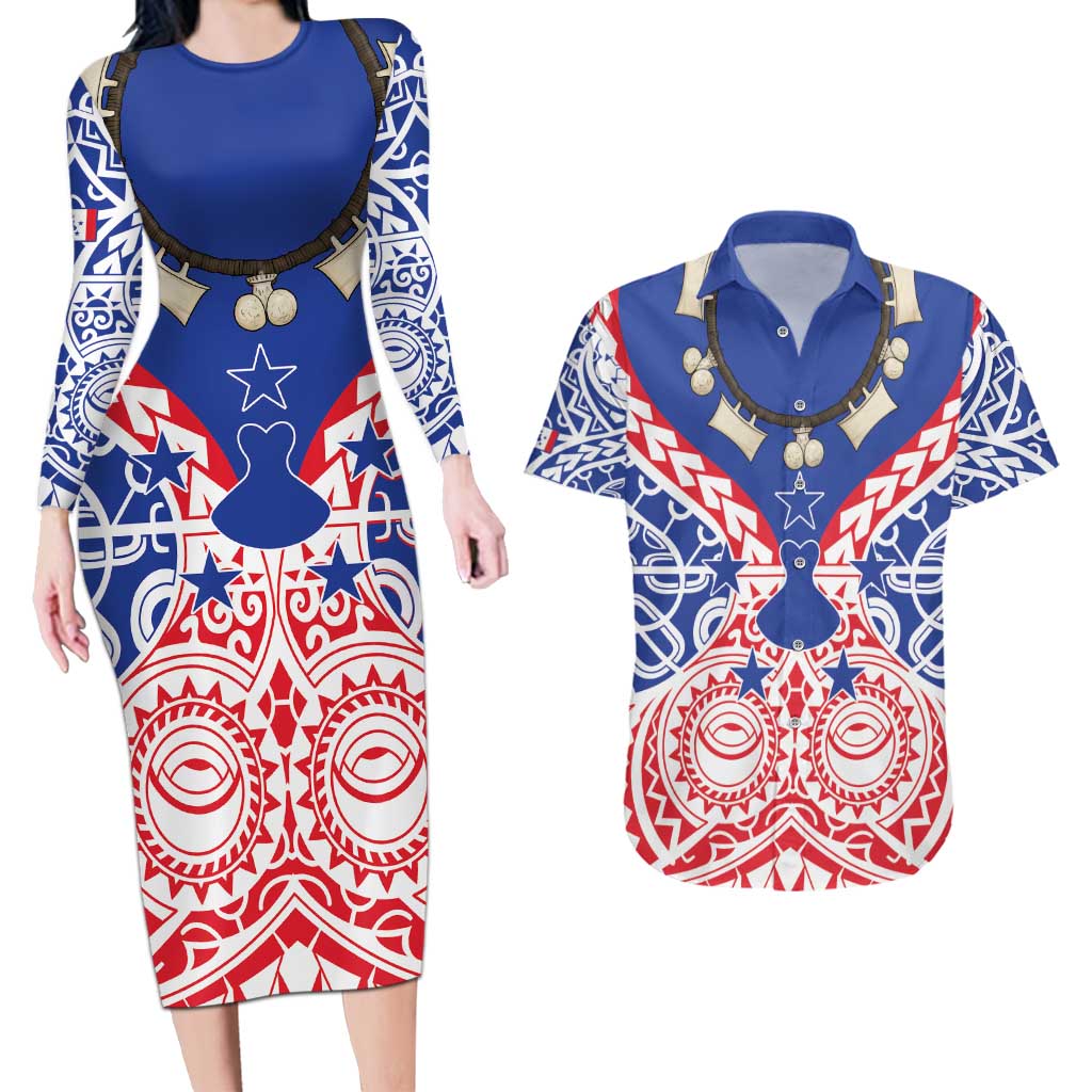 Austral Islands Couples Matching Long Sleeve Bodycon Dress and Hawaiian Shirt Tuhaa Pae Penu Stars Necklace Red - Polynesian Pride