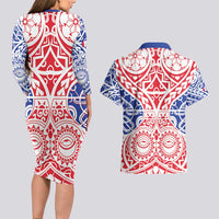 Austral Islands Couples Matching Long Sleeve Bodycon Dress and Hawaiian Shirt Tuhaa Pae Penu Stars Necklace Red - Polynesian Pride