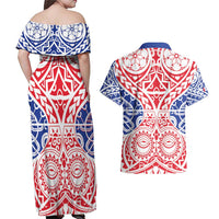 Austral Islands Couples Matching Off Shoulder Maxi Dress and Hawaiian Shirt Tuhaa Pae Penu Stars Necklace Red - Polynesian Pride