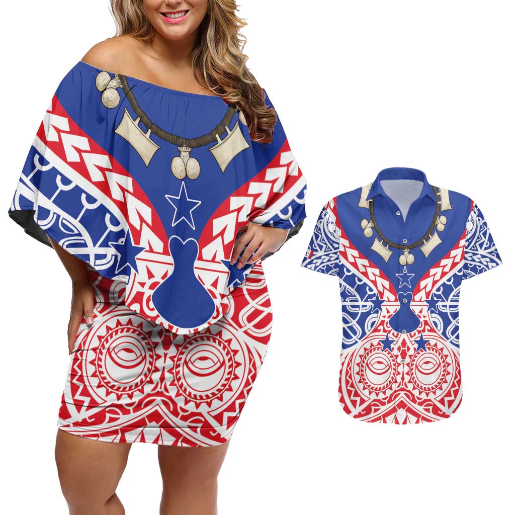 Austral Islands Couples Matching Off Shoulder Short Dress and Hawaiian Shirt Tuhaa Pae Penu Stars Necklace Red - Polynesian Pride