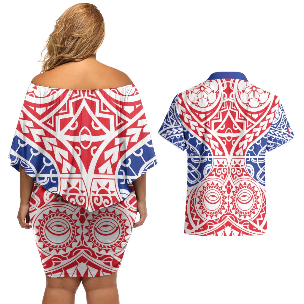 Austral Islands Couples Matching Off Shoulder Short Dress and Hawaiian Shirt Tuhaa Pae Penu Stars Necklace Red - Polynesian Pride