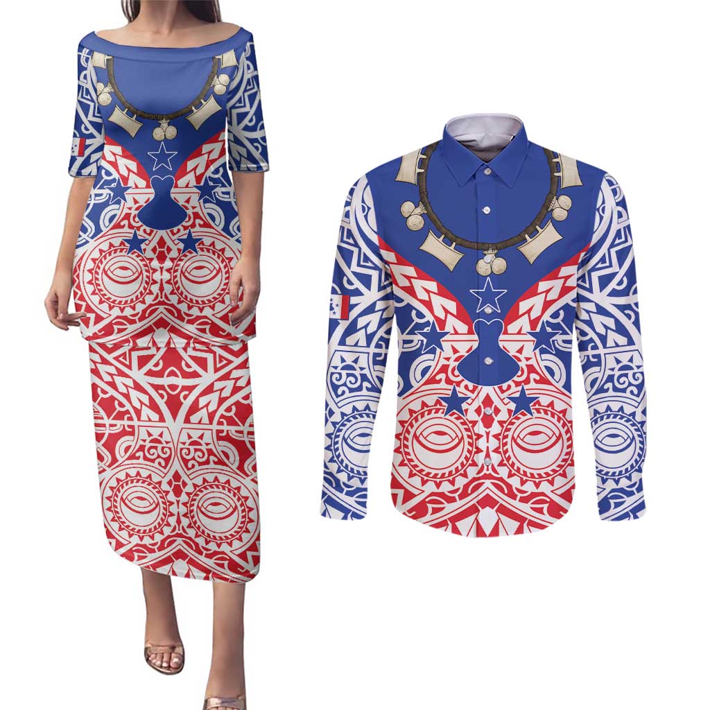 Austral Islands Couples Matching Puletasi and Long Sleeve Button Shirt Tuhaa Pae Penu Stars Necklace Red - Polynesian Pride