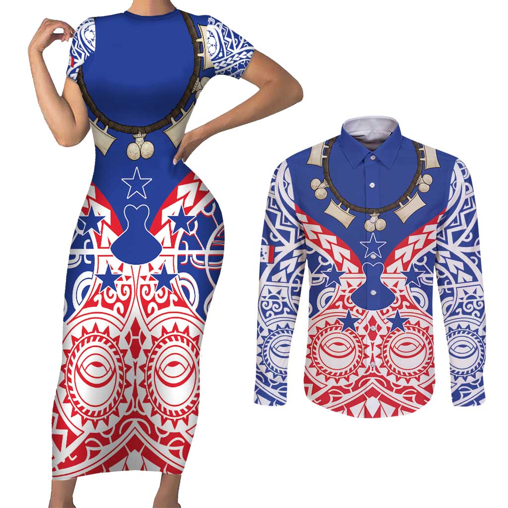 Austral Islands Couples Matching Short Sleeve Bodycon Dress and Long Sleeve Button Shirt Tuhaa Pae Penu Stars Necklace Red - Polynesian Pride