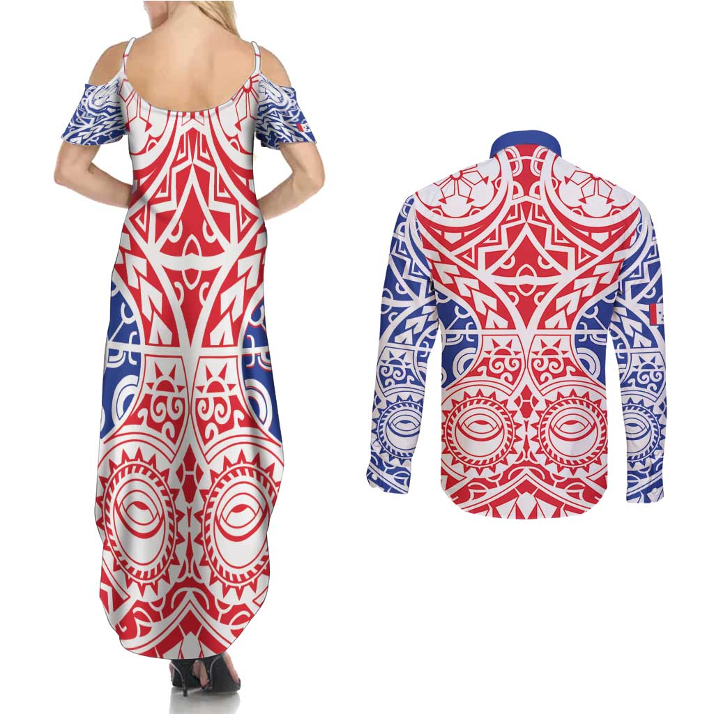 Austral Islands Couples Matching Summer Maxi Dress and Long Sleeve Button Shirt Tuhaa Pae Penu Stars Necklace Red - Polynesian Pride