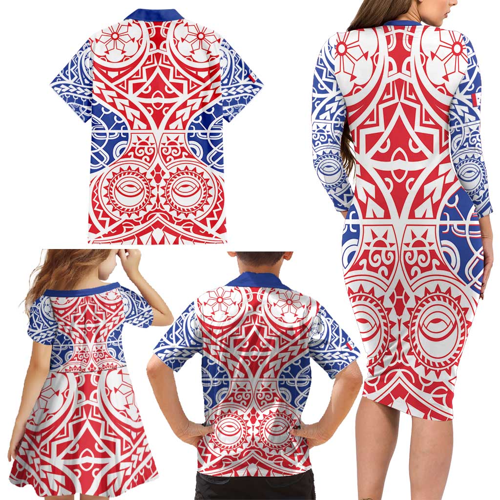 Austral Islands Family Matching Long Sleeve Bodycon Dress and Hawaiian Shirt Tuhaa Pae Penu Stars Necklace Red - Polynesian Pride