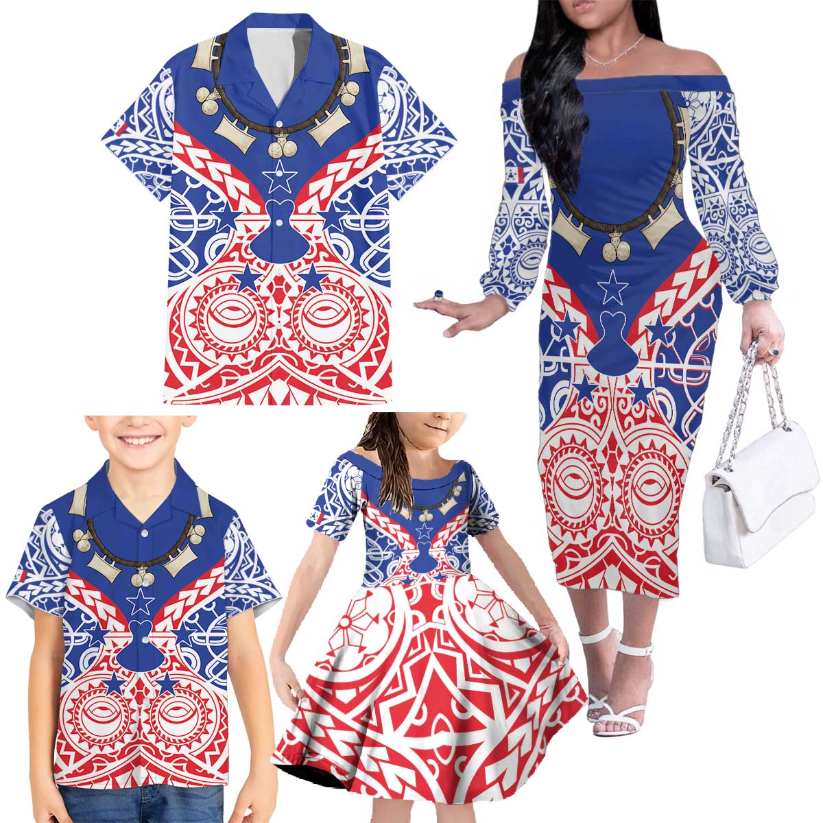 Austral Islands Family Matching Off The Shoulder Long Sleeve Dress and Hawaiian Shirt Tuhaa Pae Penu Stars Necklace Red - Polynesian Pride