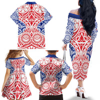 Austral Islands Family Matching Off The Shoulder Long Sleeve Dress and Hawaiian Shirt Tuhaa Pae Penu Stars Necklace Red - Polynesian Pride