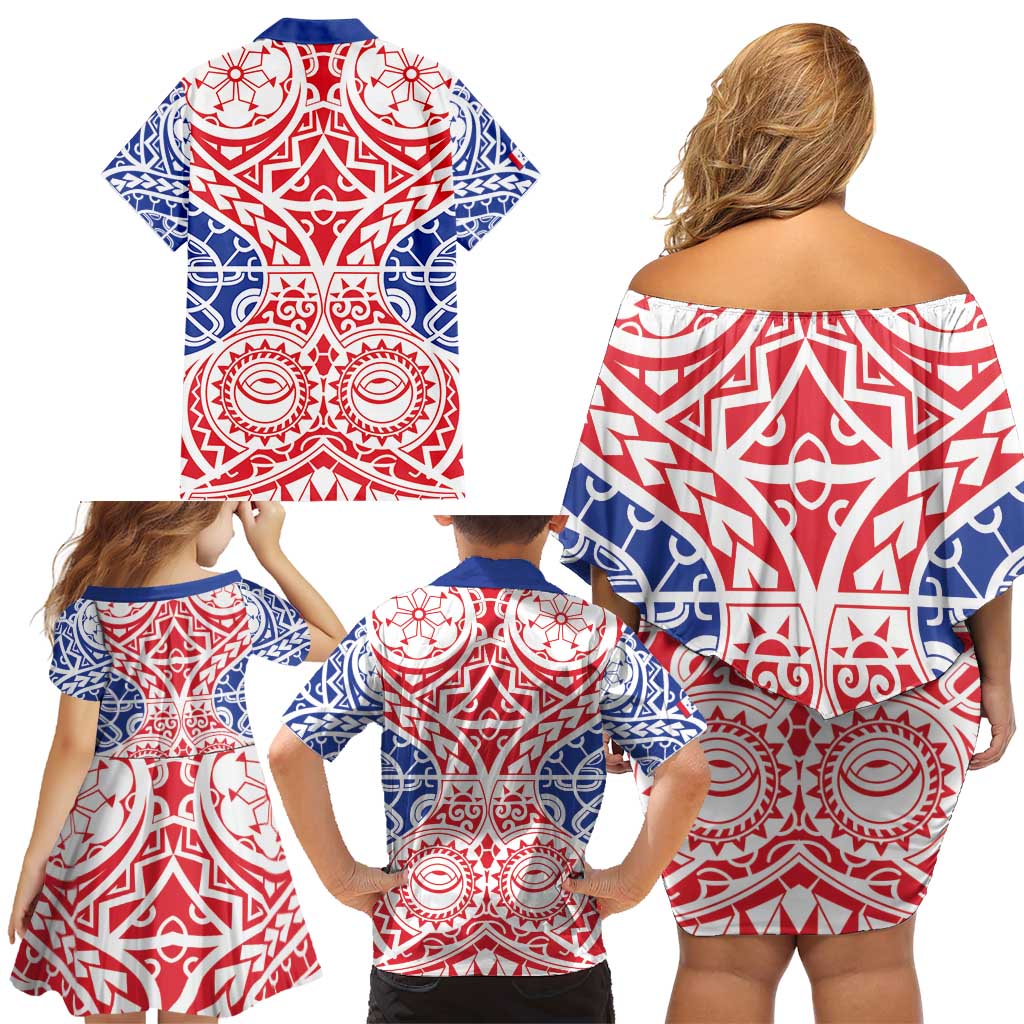 Austral Islands Family Matching Off Shoulder Short Dress and Hawaiian Shirt Tuhaa Pae Penu Stars Necklace Red - Polynesian Pride