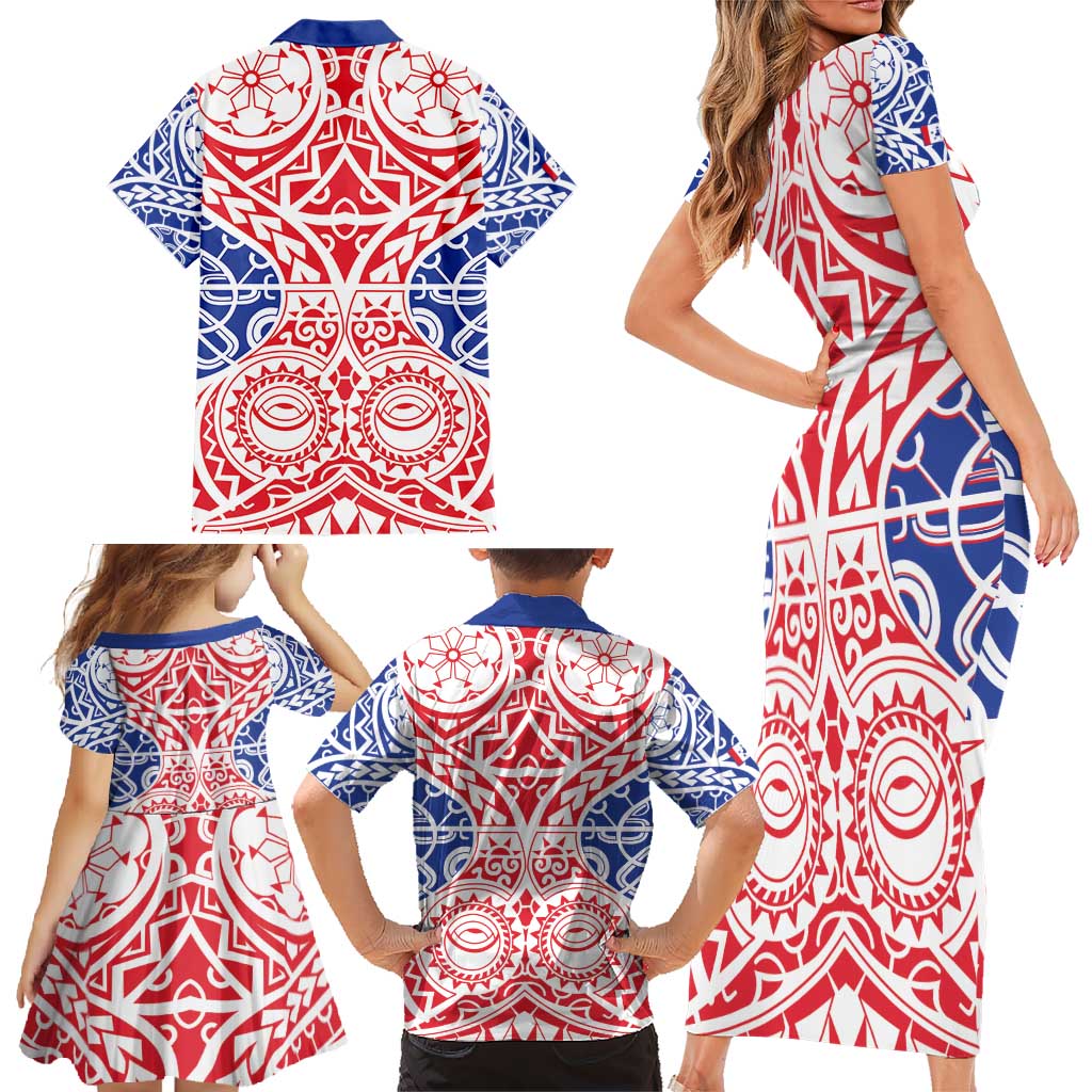 Austral Islands Family Matching Short Sleeve Bodycon Dress and Hawaiian Shirt Tuhaa Pae Penu Stars Necklace Red - Polynesian Pride