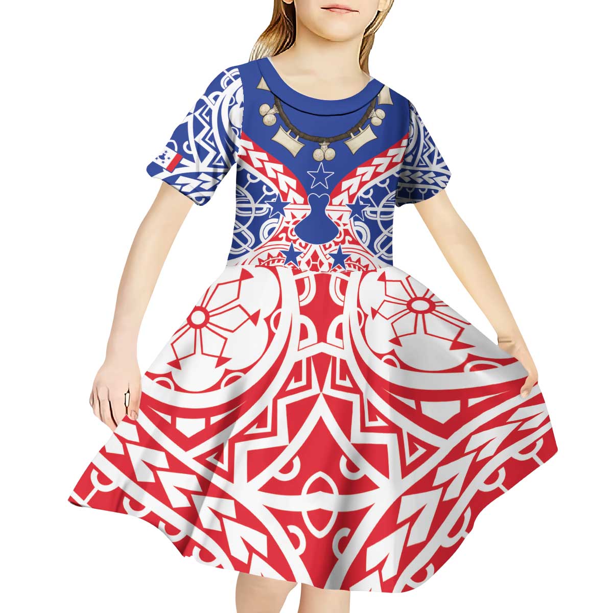 Austral Islands Kid Short Sleeve Dress Tuhaa Pae Penu Stars Necklace Red - Polynesian Pride