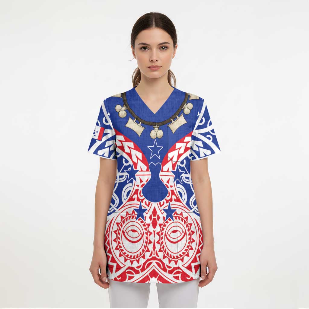 Austral Islands Scrub Top Tuhaa Pae Penu Stars Necklace Red LT14 - Polynesian Pride