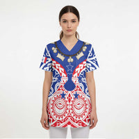 Austral Islands Scrub Top Tuhaa Pae Penu Stars Necklace Red LT14 - Polynesian Pride