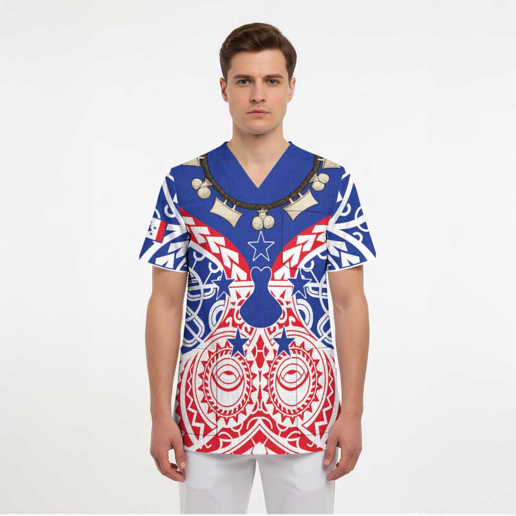 Austral Islands Scrub Top Tuhaa Pae Penu Stars Necklace Red LT14 - Polynesian Pride