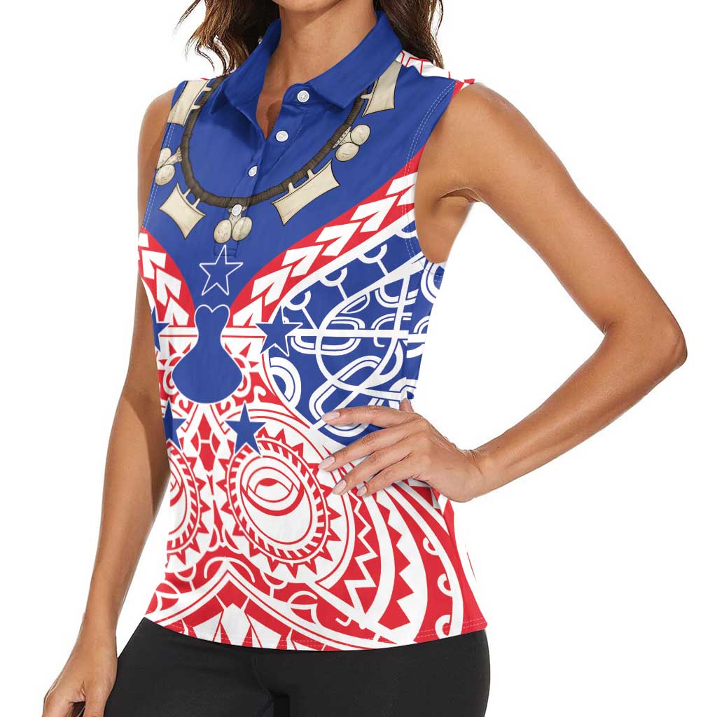 Austral Islands Women Sleeveless Polo Shirt Tuhaa Pae Penu Stars Necklace Red LT14 - Polynesian Pride