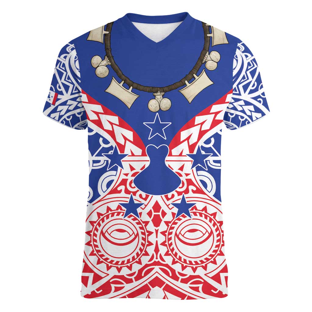 Austral Islands Women V-Neck T-Shirt Tuhaa Pae Penu Stars Necklace Red - Polynesian Pride