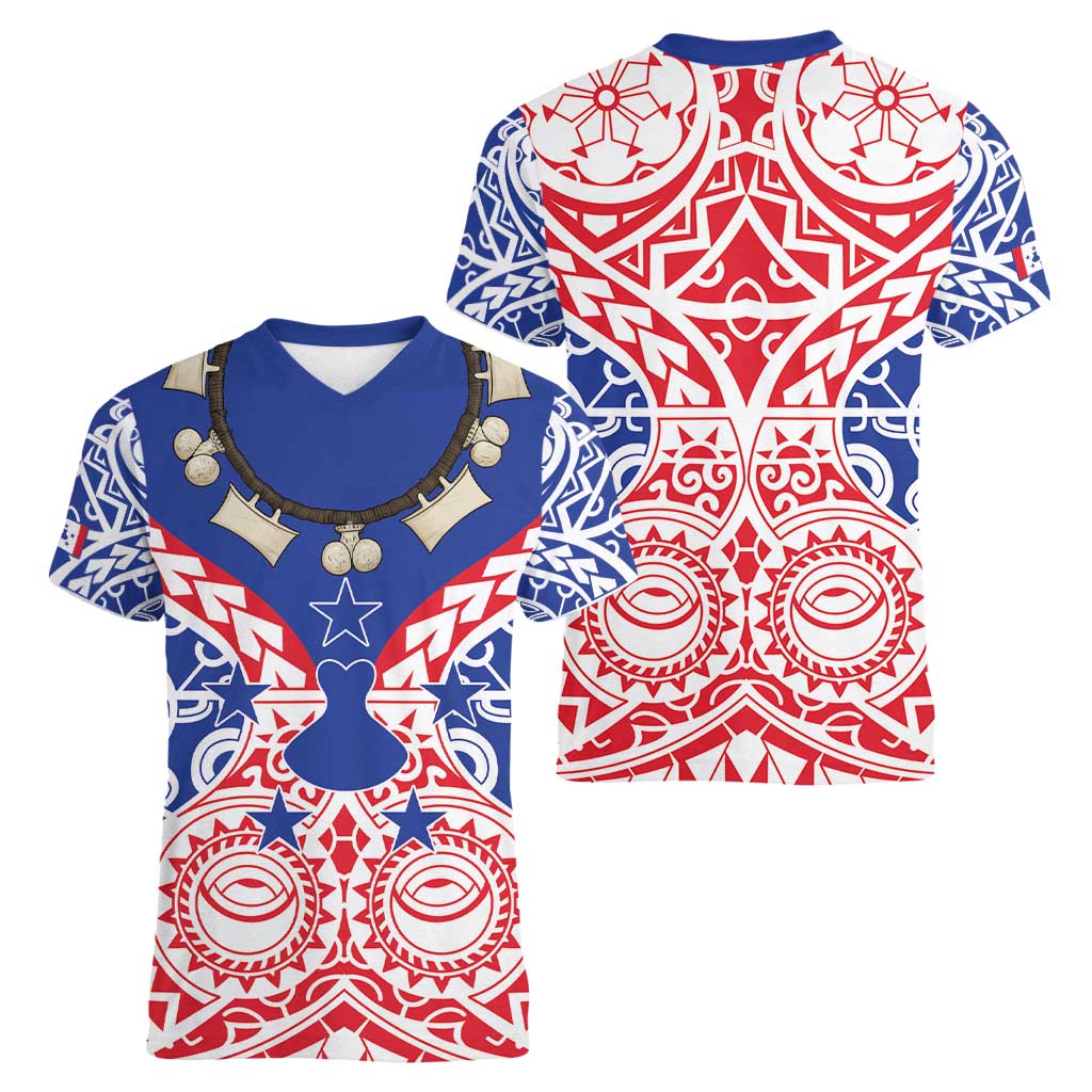 Austral Islands Women V-Neck T-Shirt Tuhaa Pae Penu Stars Necklace Red - Polynesian Pride
