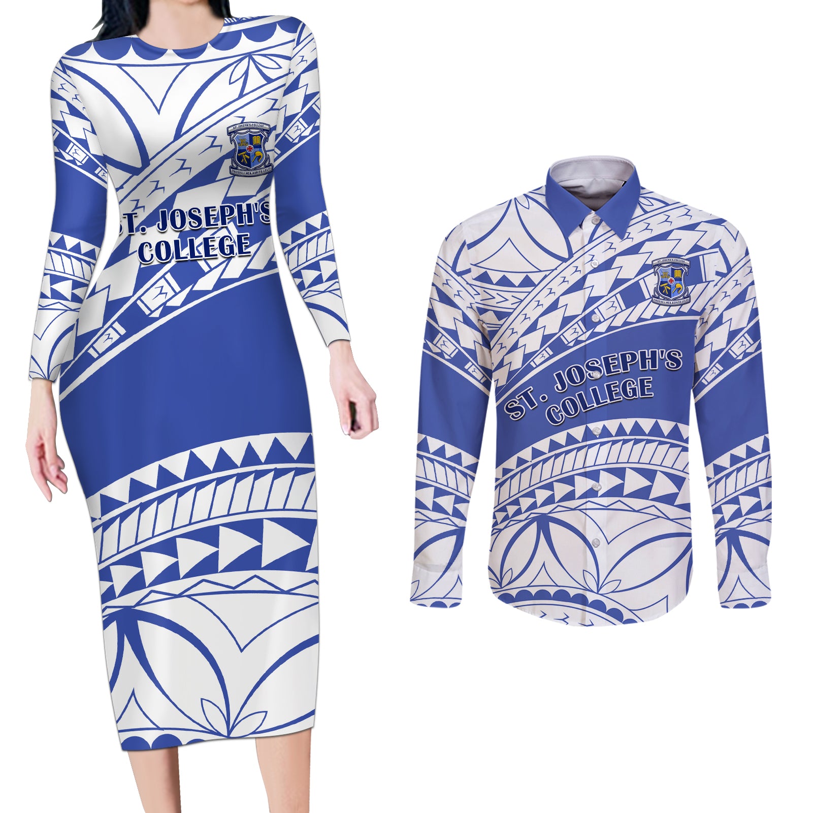 Personalised Samoa St Josephs College Couples Matching Long Sleeve Bodycon Dress and Long Sleeve Button Shirt Marist Brothers Samoan Pattern LT14 Blue - Polynesian Pride