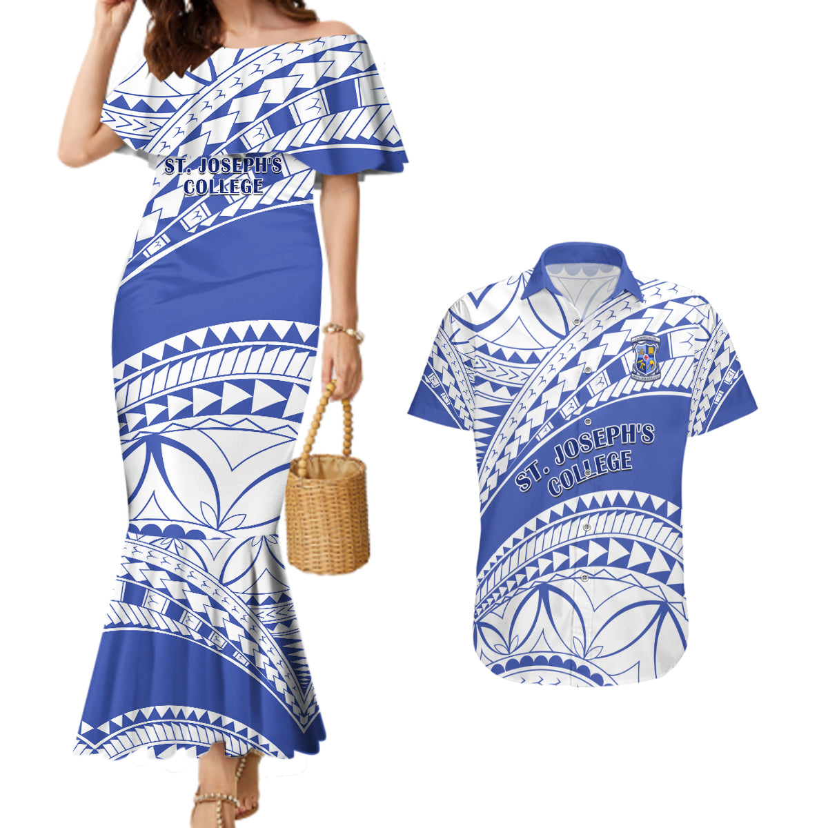 Personalised Samoa St Josephs College Couples Matching Mermaid Dress and Hawaiian Shirt Marist Brothers Samoan Pattern LT14 Blue - Polynesian Pride