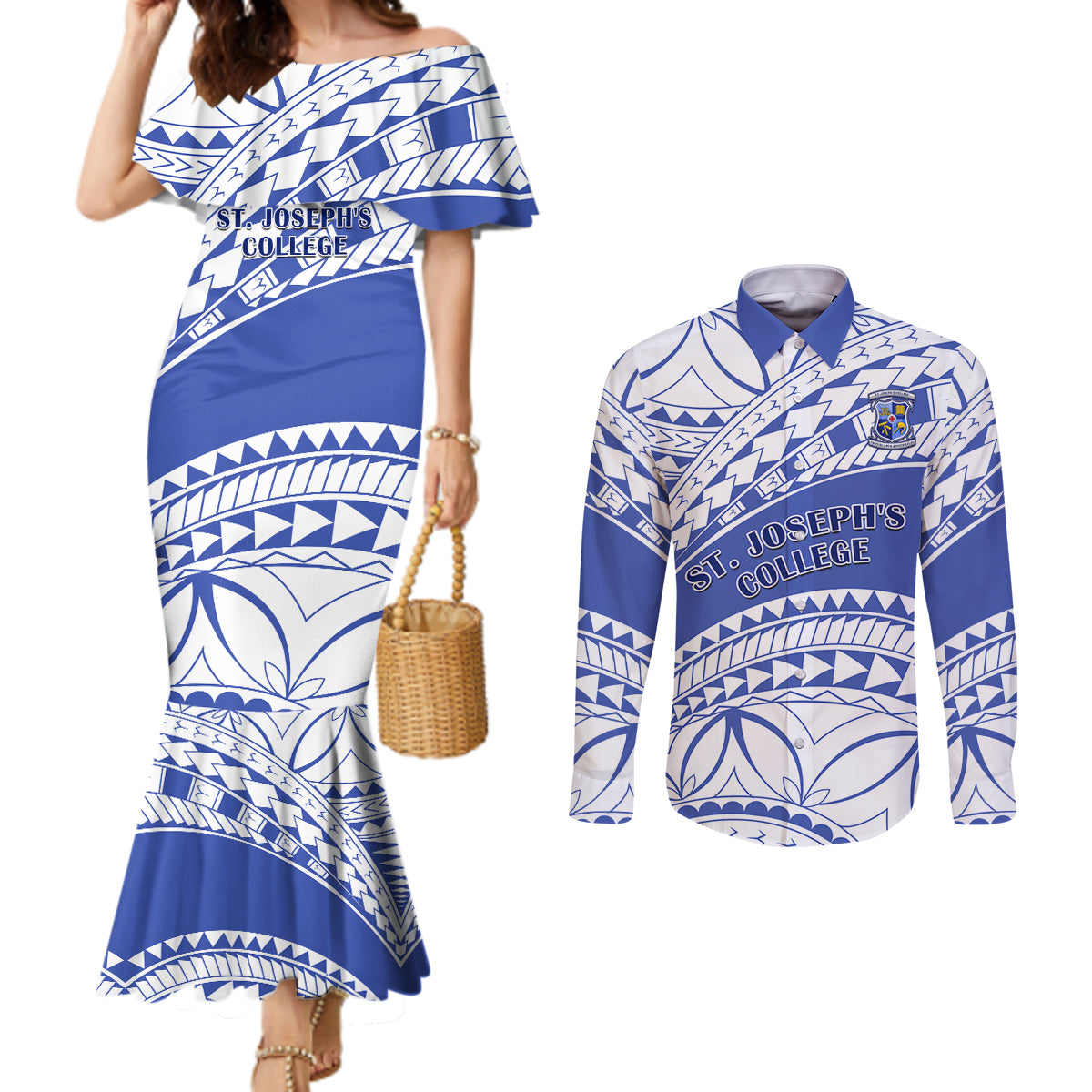 Personalised Samoa St Josephs College Couples Matching Mermaid Dress and Long Sleeve Button Shirt Marist Brothers Samoan Pattern LT14 Blue - Polynesian Pride