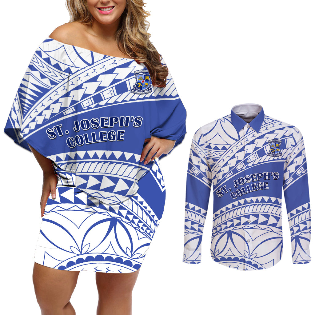 Personalised Samoa St Josephs College Couples Matching Off Shoulder Short Dress and Long Sleeve Button Shirt Marist Brothers Samoan Pattern LT14 Blue - Polynesian Pride