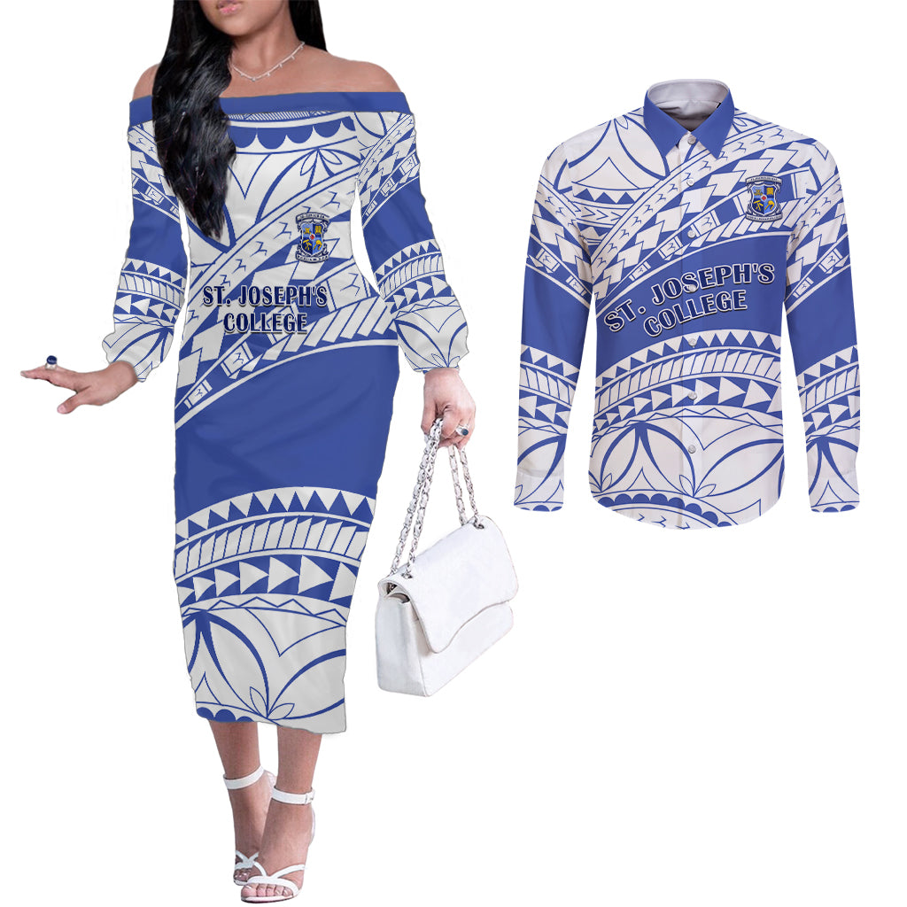 Personalised Samoa St Josephs College Couples Matching Off The Shoulder Long Sleeve Dress and Long Sleeve Button Shirt Marist Brothers Samoan Pattern LT14 Blue - Polynesian Pride