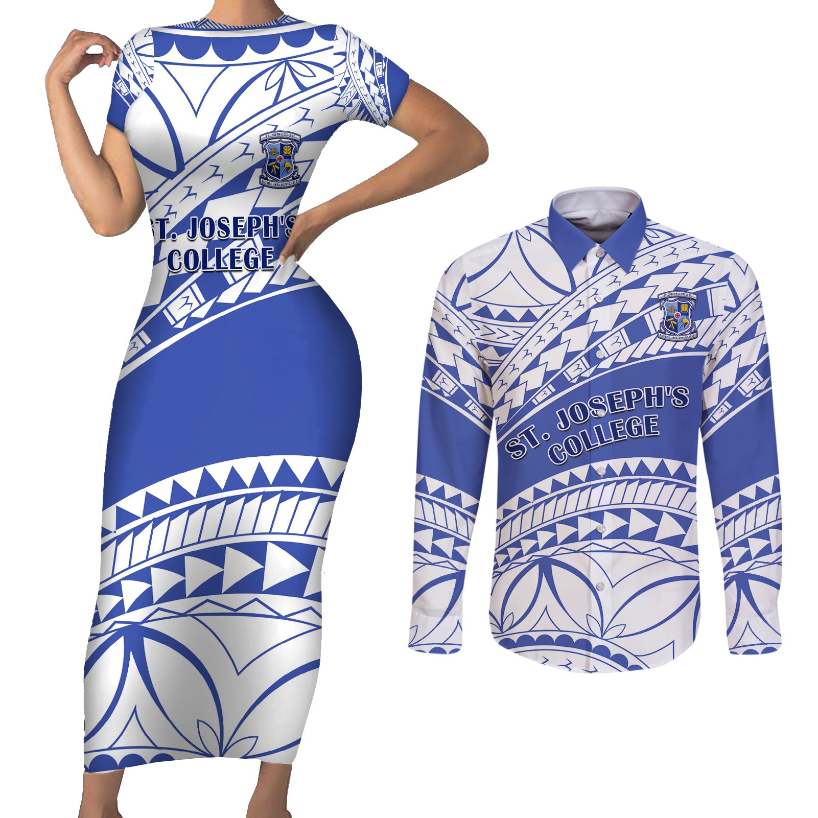 Personalised Samoa St Josephs College Couples Matching Short Sleeve Bodycon Dress and Long Sleeve Button Shirt Marist Brothers Samoan Pattern LT14 Blue - Polynesian Pride