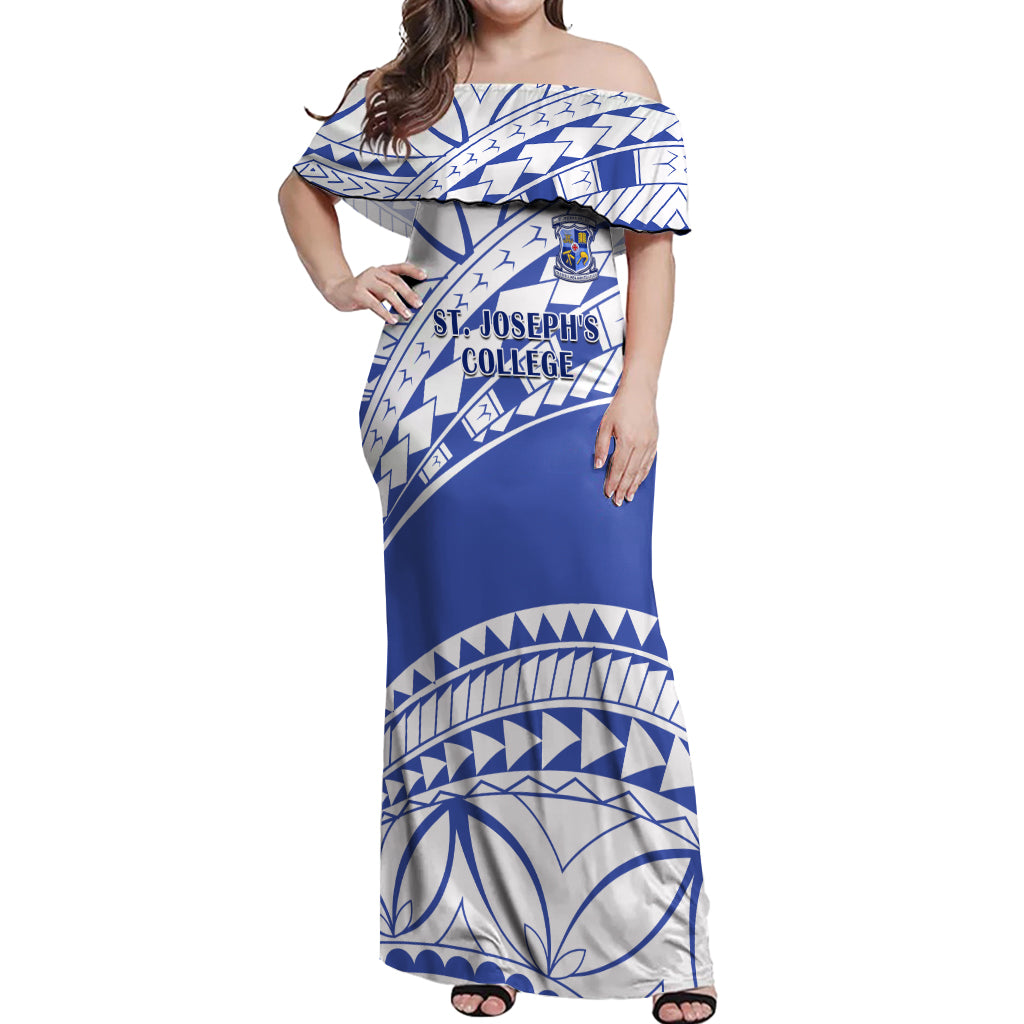 Personalised Samoa St Josephs College Off Shoulder Maxi Dress Marist Brothers Samoan Pattern LT14 Women Blue - Polynesian Pride