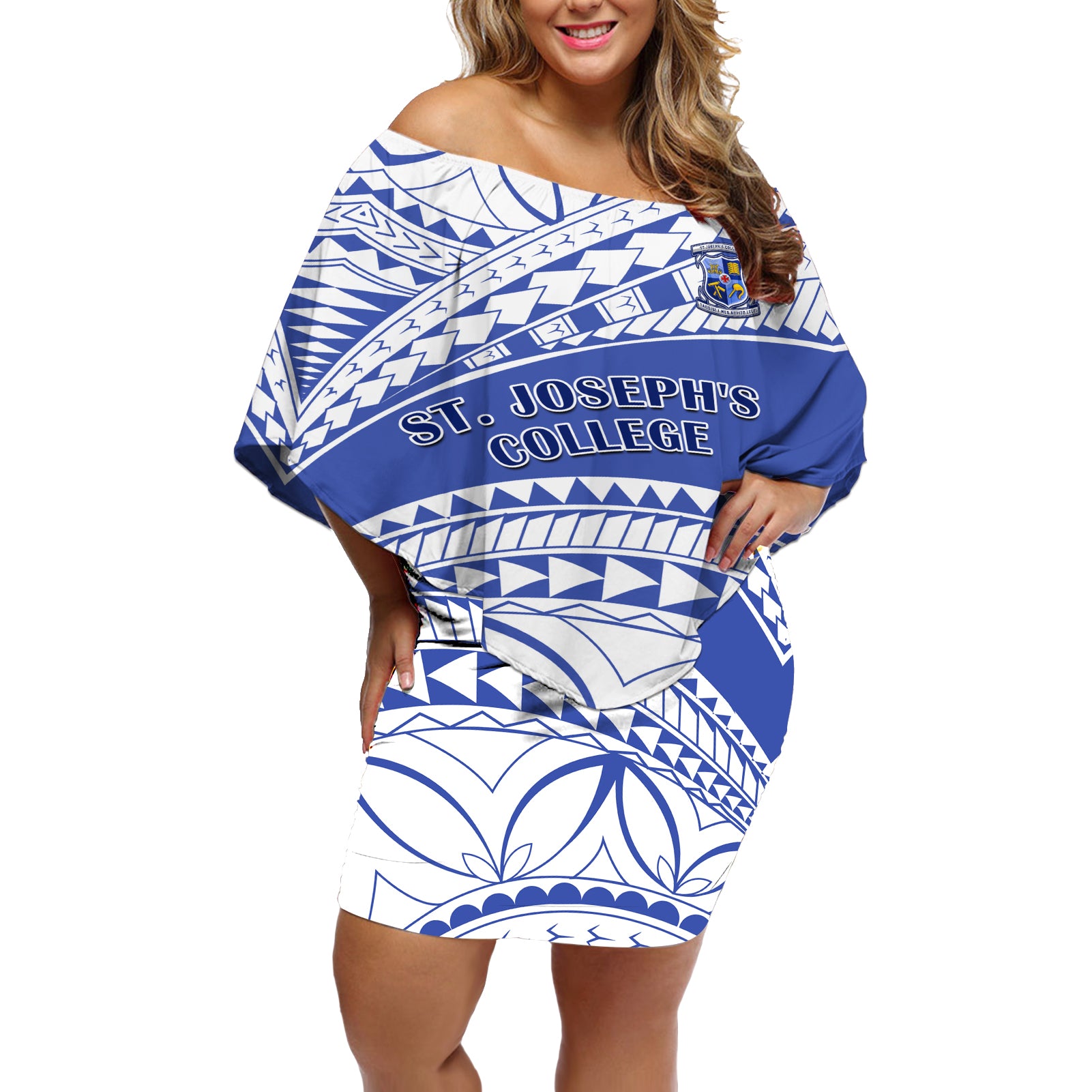 Personalised Samoa St Josephs College Off Shoulder Short Dress Marist Brothers Samoan Pattern LT14 Women Blue - Polynesian Pride