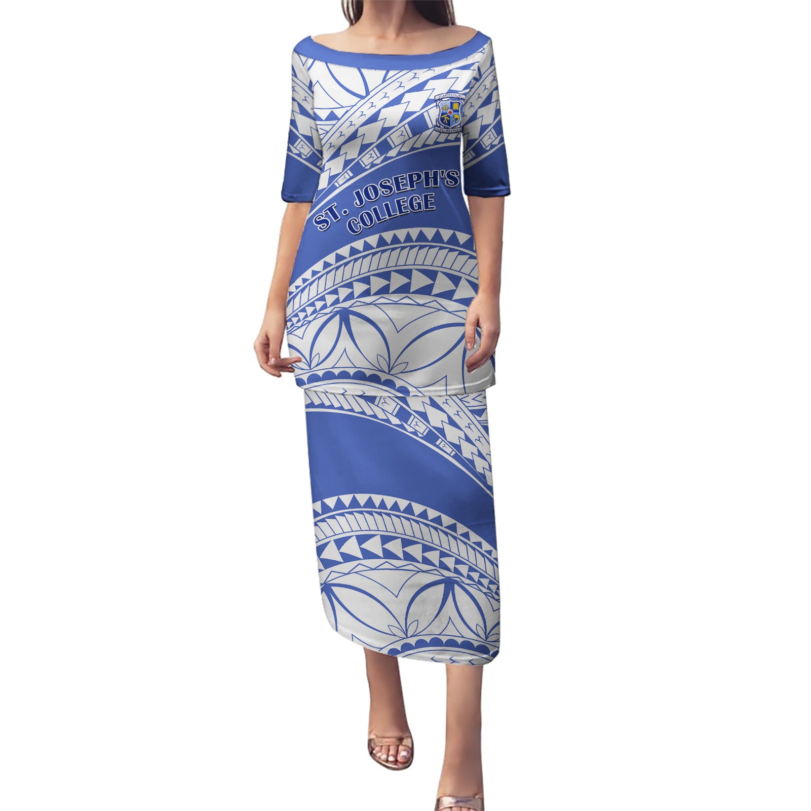 Personalised Samoa St Josephs College Puletasi Marist Brothers Samoan Pattern LT14 Long Dress Blue - Polynesian Pride