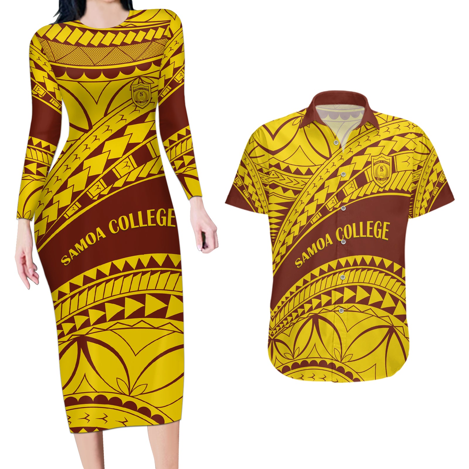 Personalised Samoa College Couples Matching Long Sleeve Bodycon Dress and Hawaiian Shirt Samoan Pattern LT14 Gold - Polynesian Pride