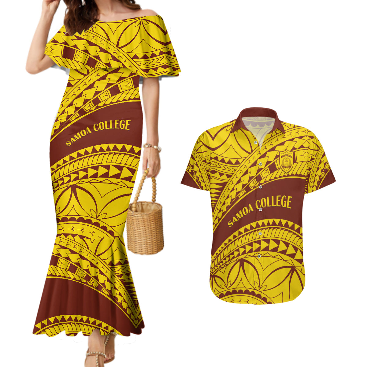 Personalised Samoa College Couples Matching Mermaid Dress and Hawaiian Shirt Samoan Pattern LT14 Gold - Polynesian Pride