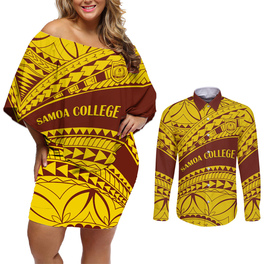 Personalised Samoa College Couples Matching Off Shoulder Short Dress and Long Sleeve Button Shirt Samoan Pattern LT14 Gold - Polynesian Pride