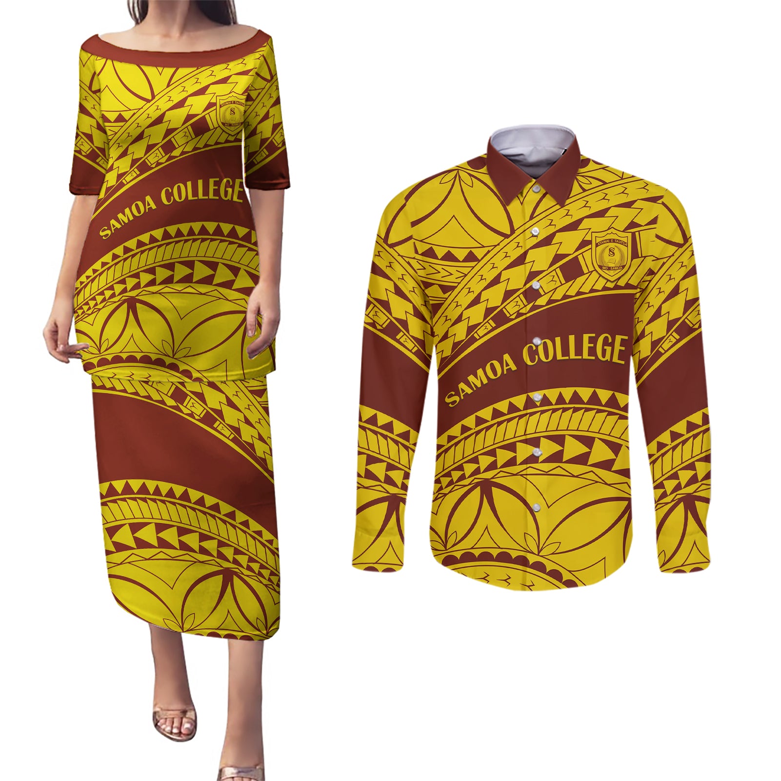 Personalised Samoa College Couples Matching Puletasi Dress and Long Sleeve Button Shirt Samoan Pattern LT14 Gold - Polynesian Pride