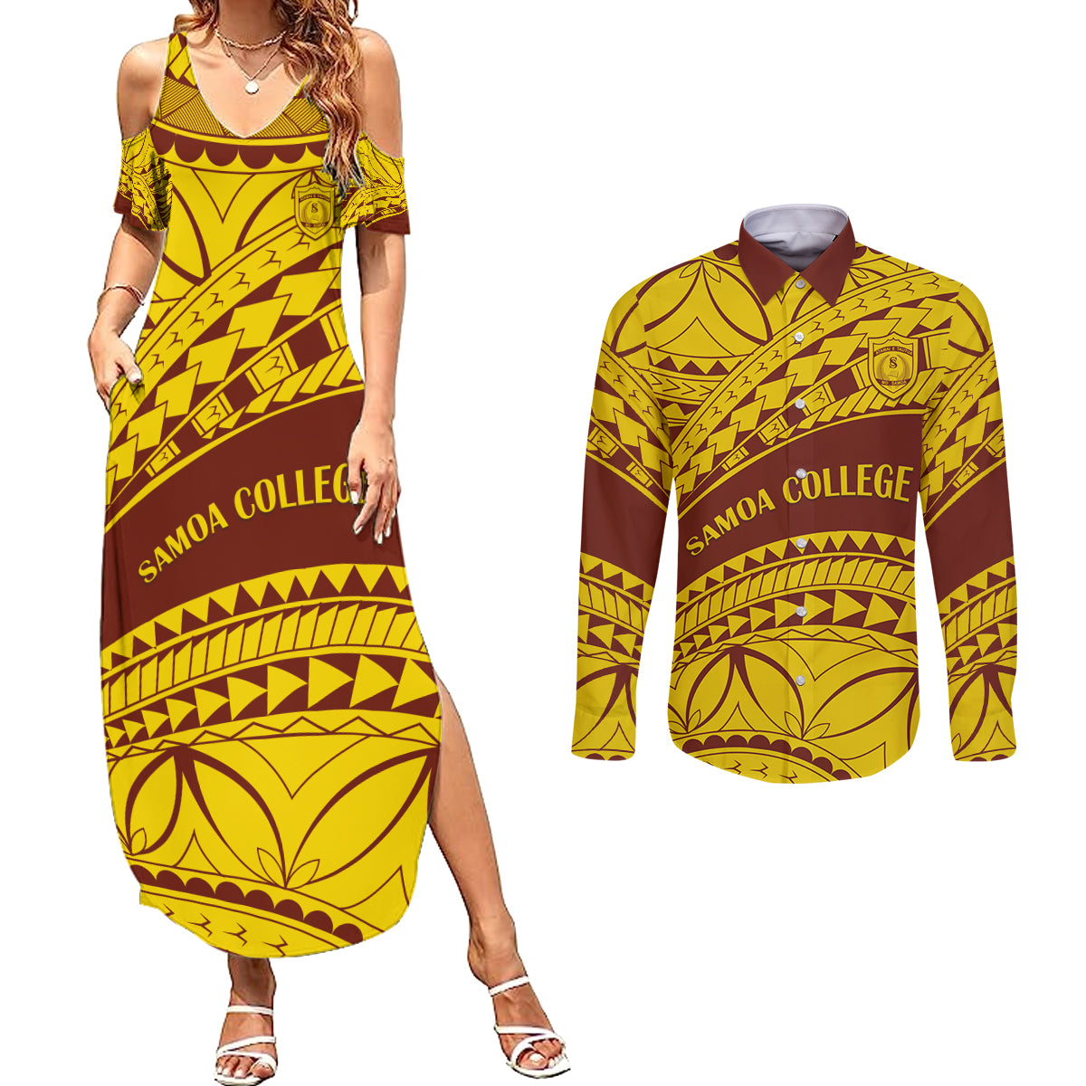 Personalised Samoa College Couples Matching Summer Maxi Dress and Long Sleeve Button Shirt Samoan Pattern LT14 Gold - Polynesian Pride