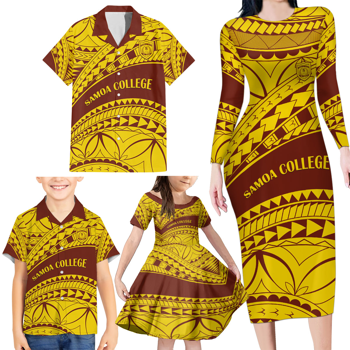 Personalised Samoa College Family Matching Long Sleeve Bodycon Dress and Hawaiian Shirt Samoan Pattern LT14 - Polynesian Pride