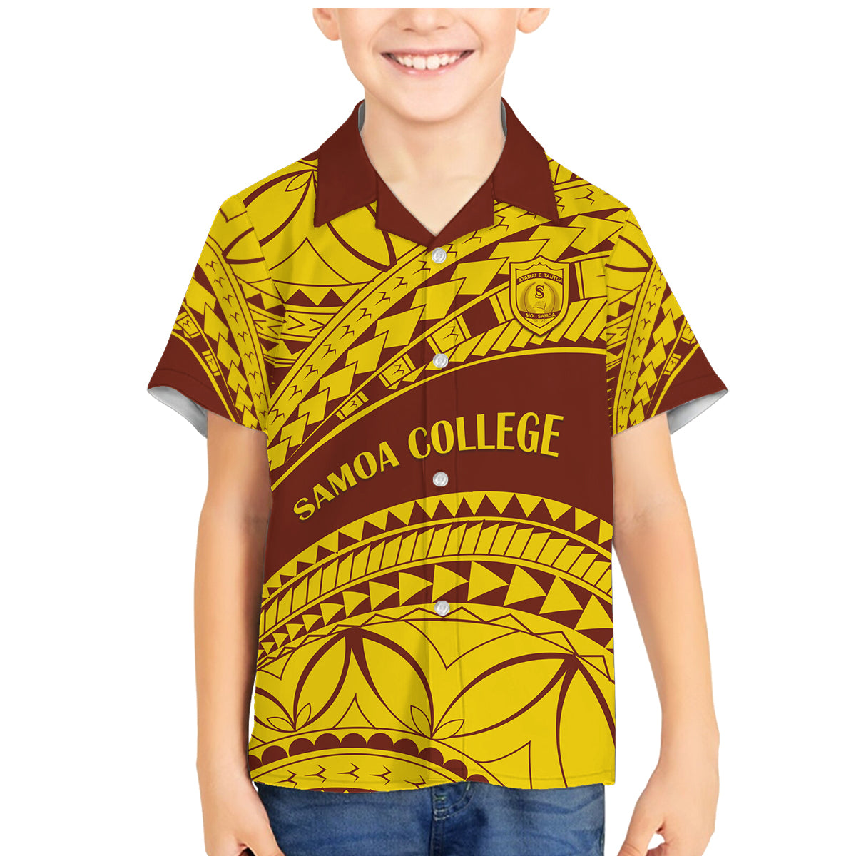 Personalised Samoa College Family Matching Mermaid Dress and Hawaiian Shirt Samoan Pattern LT14 Son's Shirt Gold - Polynesian Pride