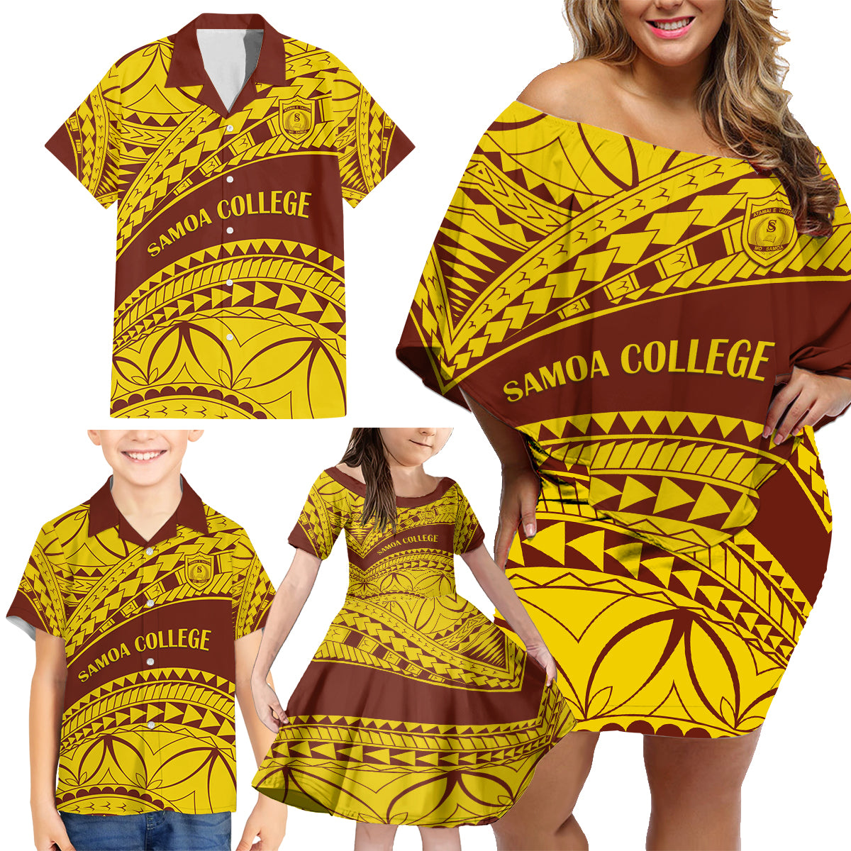 Personalised Samoa College Family Matching Off Shoulder Short Dress and Hawaiian Shirt Samoan Pattern LT14 - Polynesian Pride