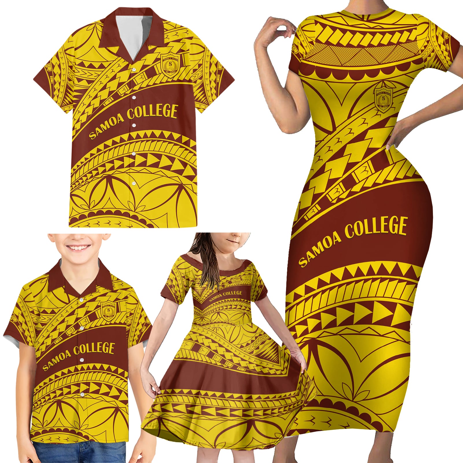 Personalised Samoa College Family Matching Short Sleeve Bodycon Dress and Hawaiian Shirt Samoan Pattern LT14 - Polynesian Pride