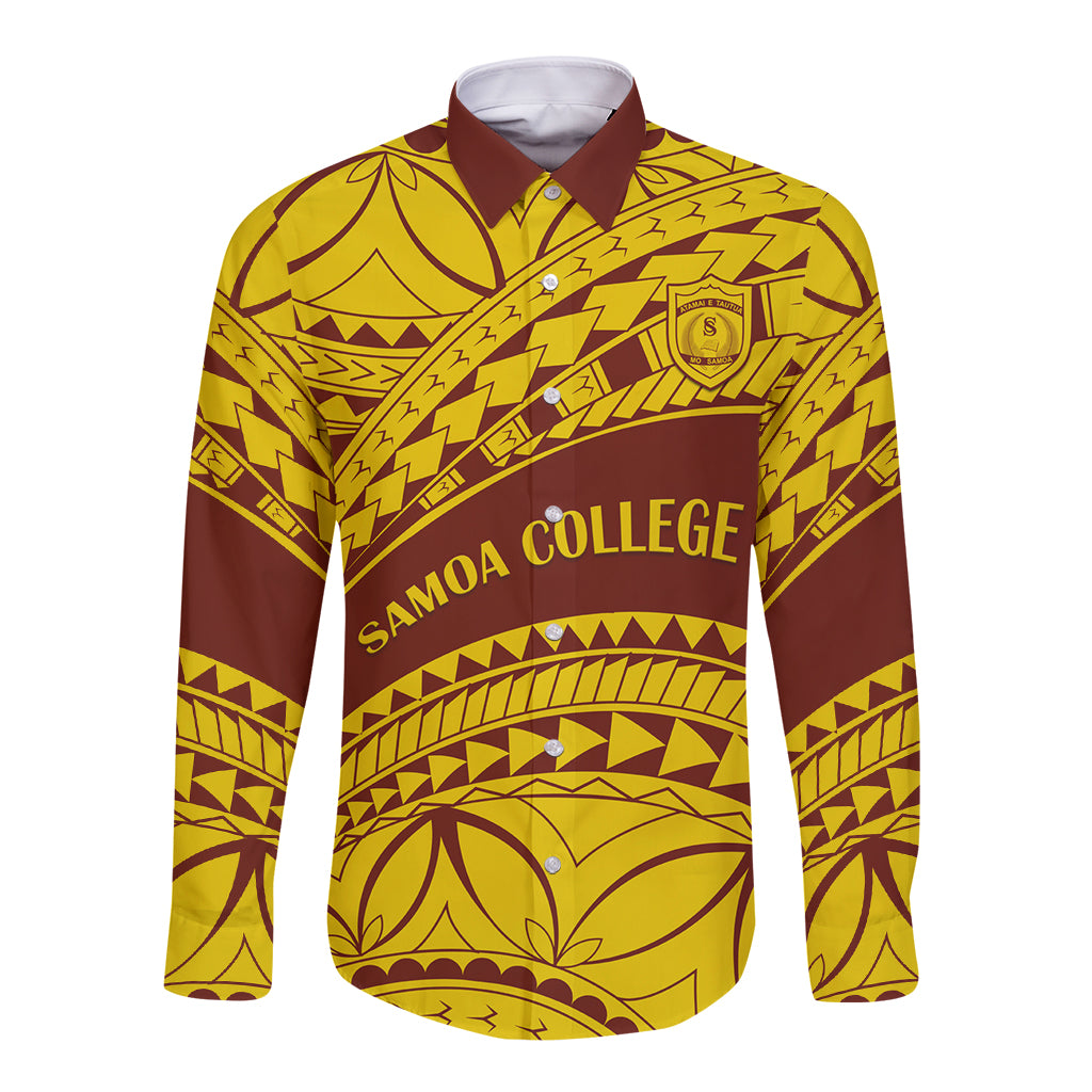 Personalised Samoa College Long Sleeve Button Shirt Samoan Pattern LT14 Unisex Gold - Polynesian Pride