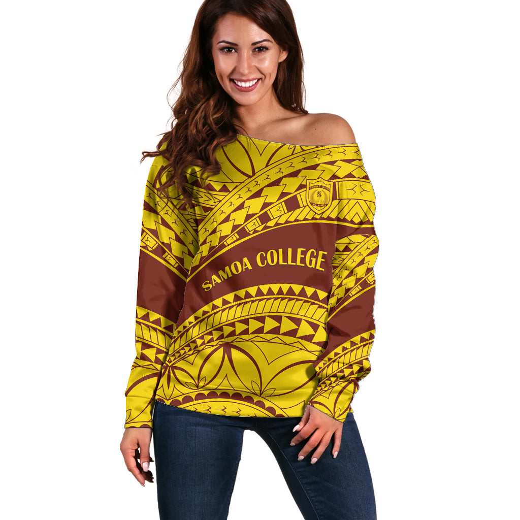 Personalised Samoa College Off Shoulder Sweater Samoan Pattern LT14 Women Gold - Polynesian Pride