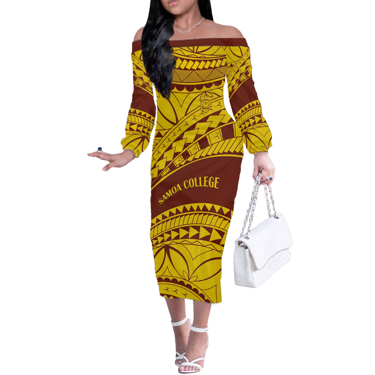 Personalised Samoa College Off The Shoulder Long Sleeve Dress Samoan Pattern LT14 Women Gold - Polynesian Pride