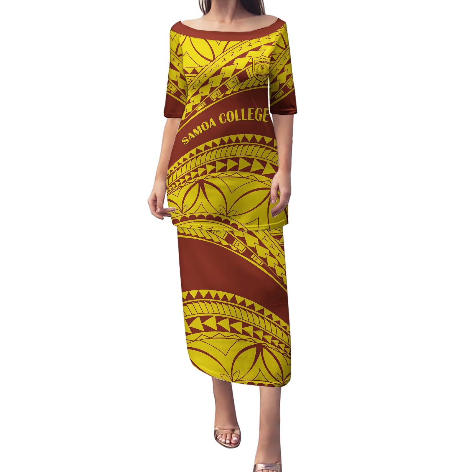 Personalised Samoa College Puletasi Samoan Pattern LT14 Long Dress Gold - Polynesian Pride