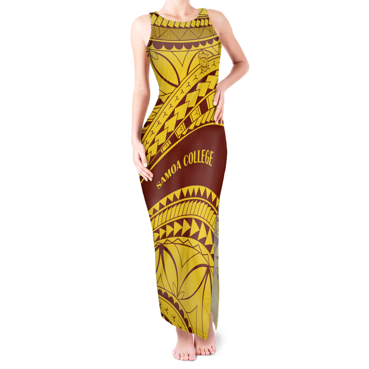 Personalised Samoa College Tank Maxi Dress Samoan Pattern LT14 Women Gold - Polynesian Pride