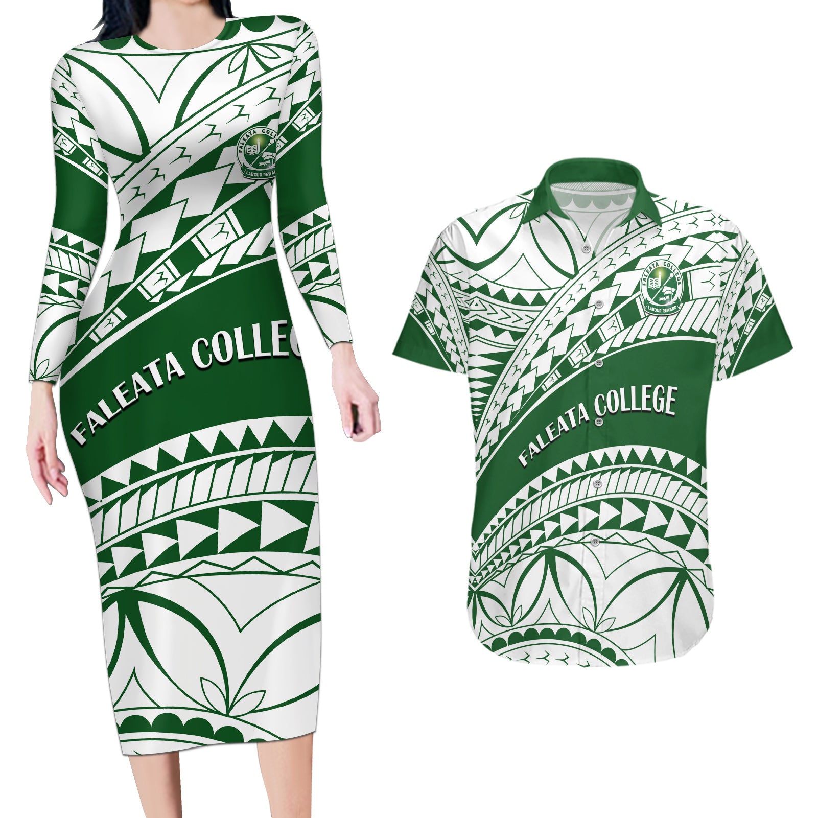 Personalised Samoa Faleata College Couples Matching Long Sleeve Bodycon Dress and Hawaiian Shirt Samoan Pattern LT14 Green - Polynesian Pride