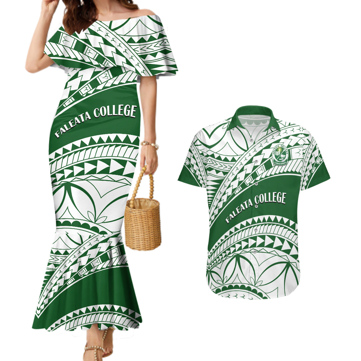 Personalised Samoa Faleata College Couples Matching Mermaid Dress and Hawaiian Shirt Samoan Pattern LT14 Green - Polynesian Pride