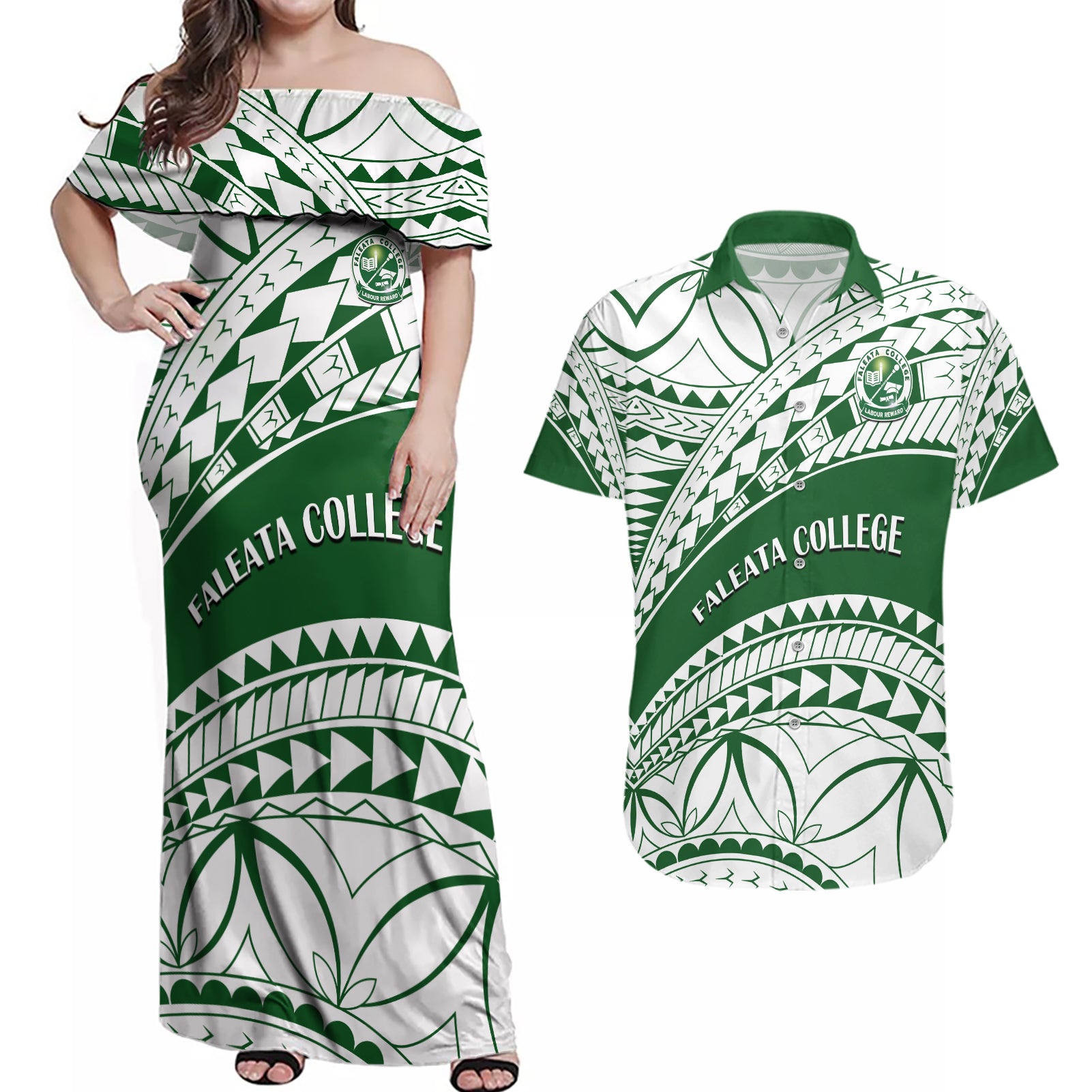 Personalised Samoa Faleata College Couples Matching Off Shoulder Maxi Dress and Hawaiian Shirt Samoan Pattern LT14 Green - Polynesian Pride