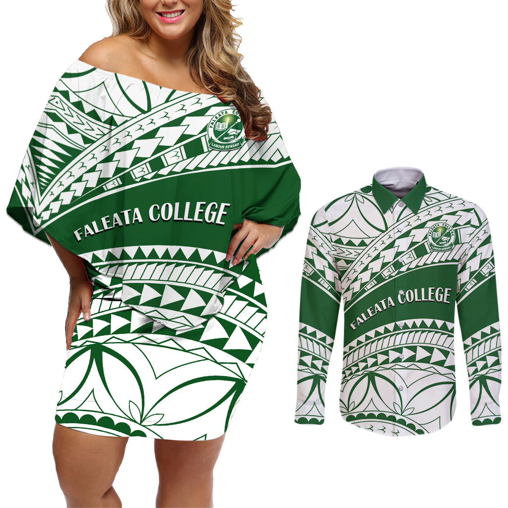 Personalised Samoa Faleata College Couples Matching Off Shoulder Short Dress and Long Sleeve Button Shirt Samoan Pattern LT14 Green - Polynesian Pride